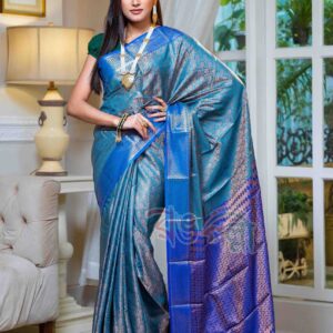 Teal Blue and Blue Kanjivaram Silk Saree with Gold Zari Work
