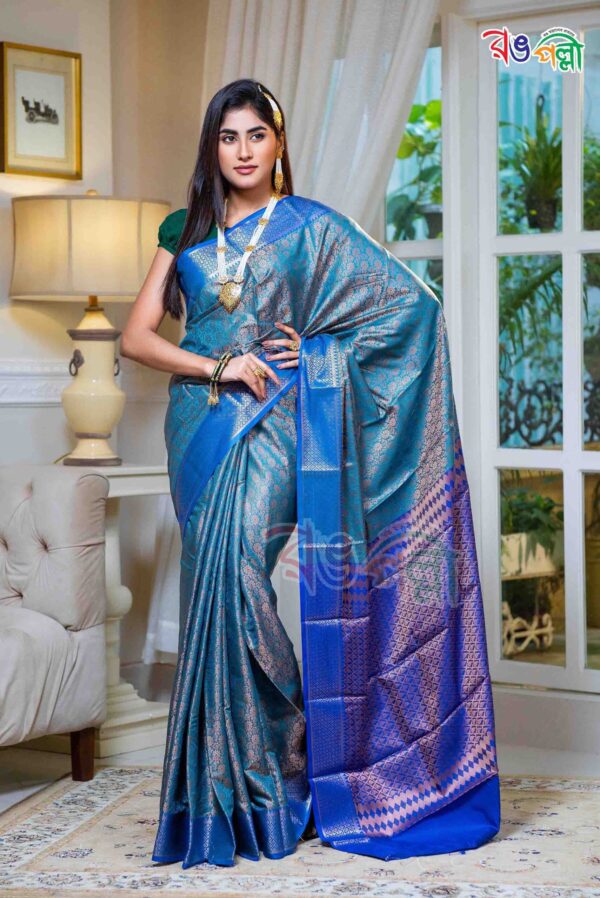 Teal Blue and Blue Kanjivaram Silk Saree with Gold Zari Work